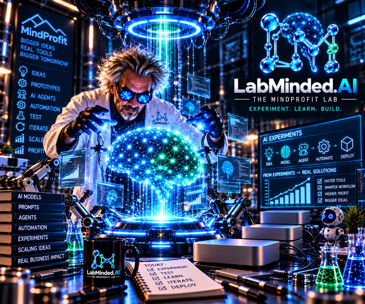 A scientist in a LabMinded lab coat works over a glowing AI brain, surrounded by screens showing ideas turning into prototypes, agents and automation.